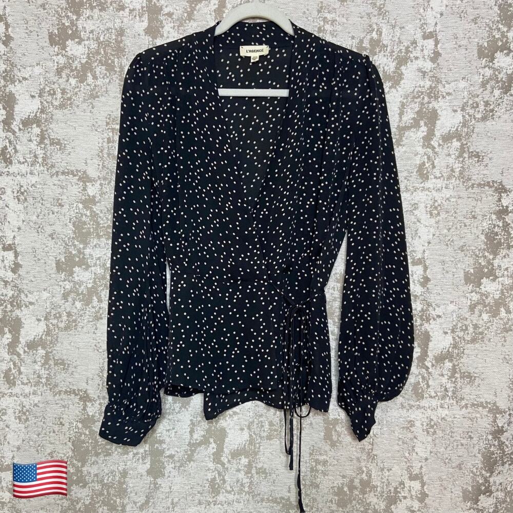 L'Agence Cara 100% Silk Wrap Front Polka Dot Blouse